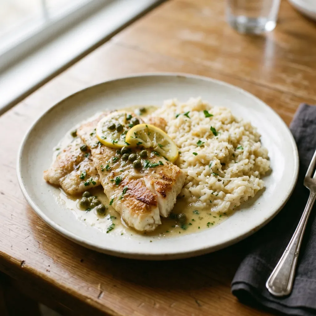 White Fish Piccata with Parmesan Rice