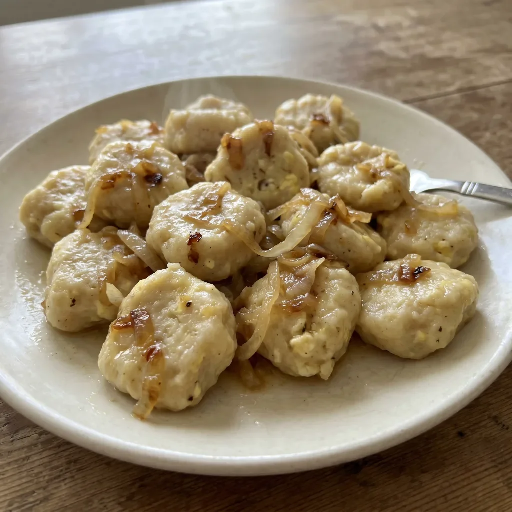 Potato Egg Dumplings with Buttered Onion