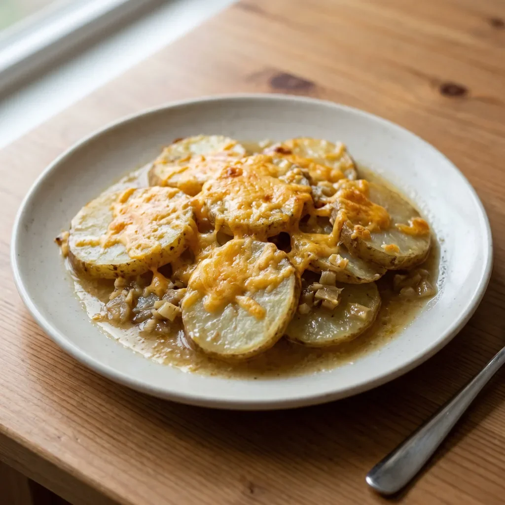 Cheddar Potato Garlic Broth Bake
