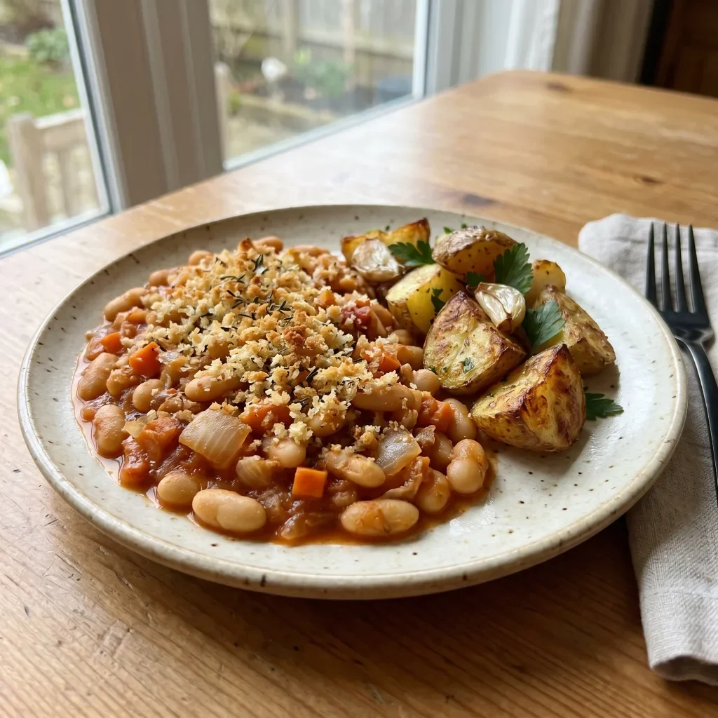White Bean Cassoulet-Style Bake with Garlic Potatoes