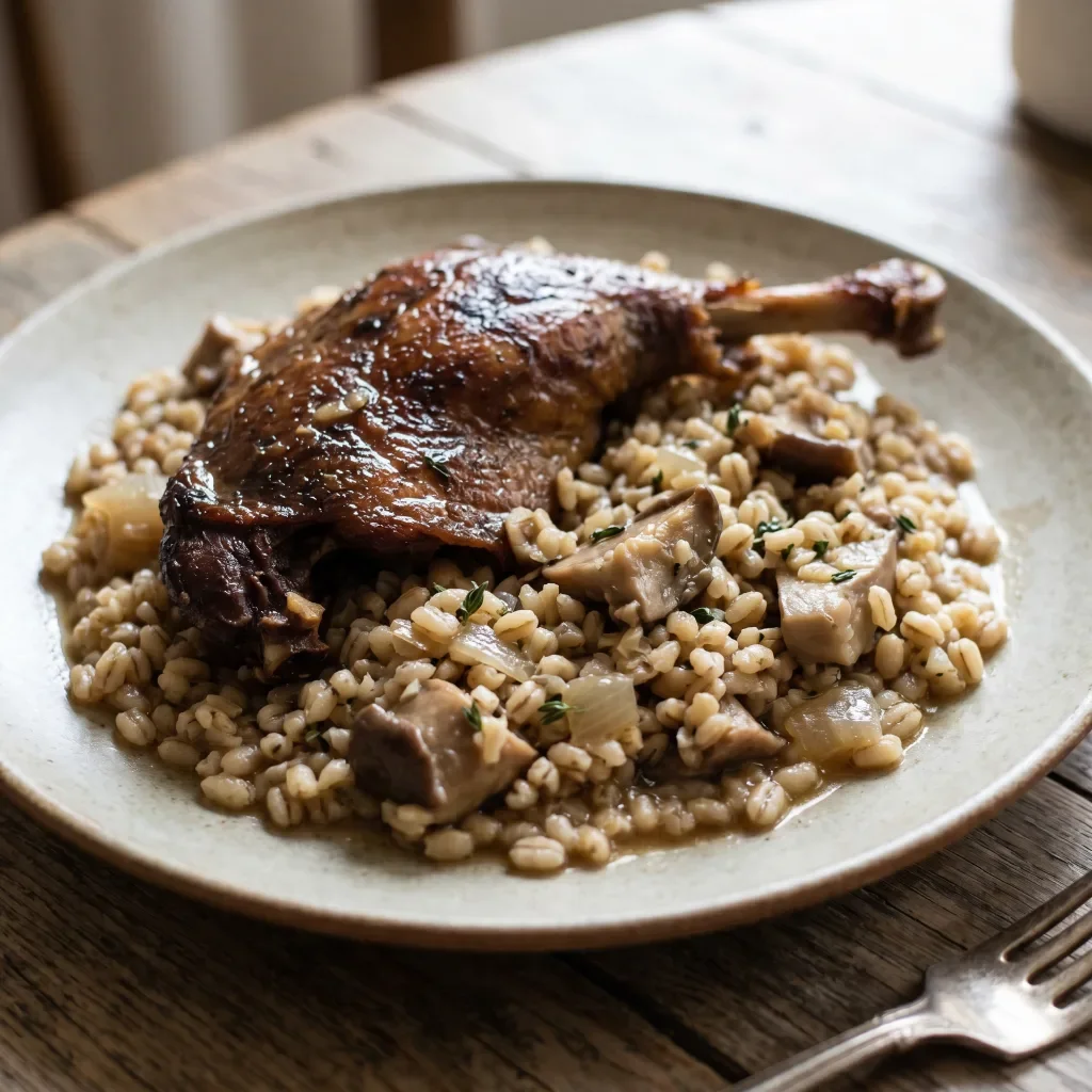 Duck Legs with Barley and Oyster Mushrooms