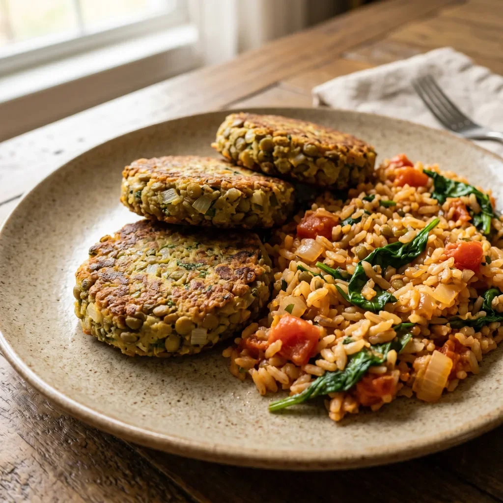 Green Lentil Cakes with Tomato Spinach Rice