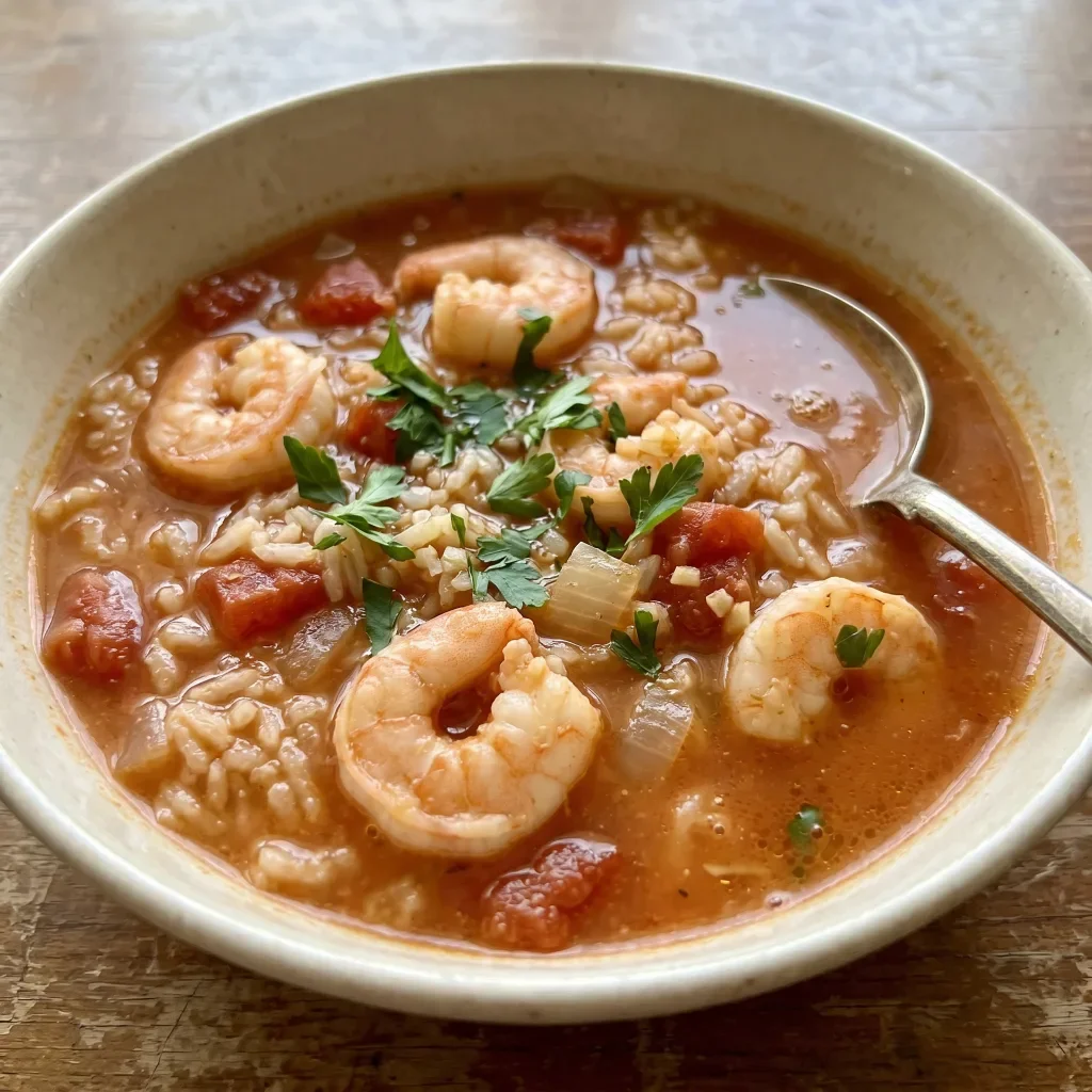 Shrimp Garlic Tomato Rice Soup