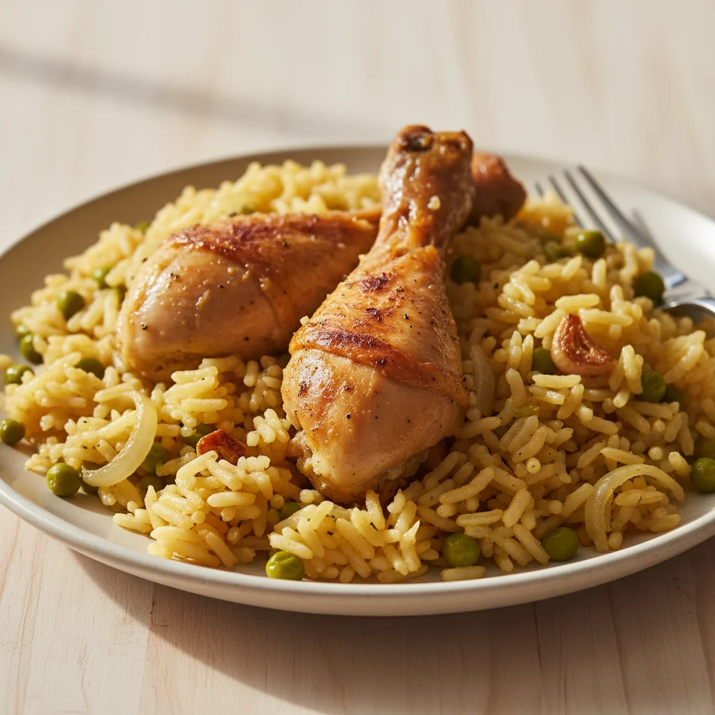 Chicken Drumstick Rice Bake with Peas