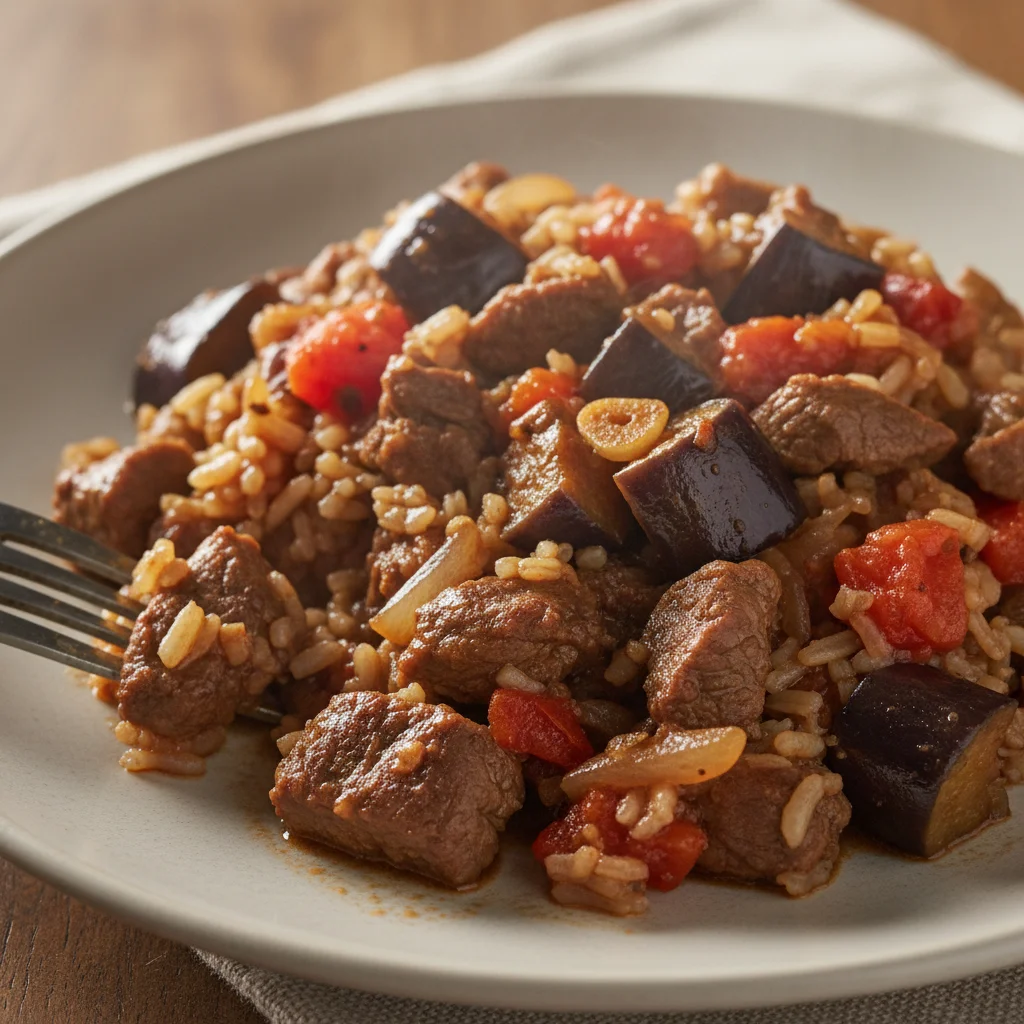 Beef Tomato Eggplant Rice Skillet