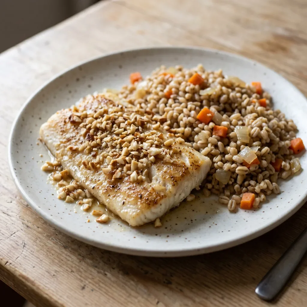 White Fish Almondine with Barley Pilaf