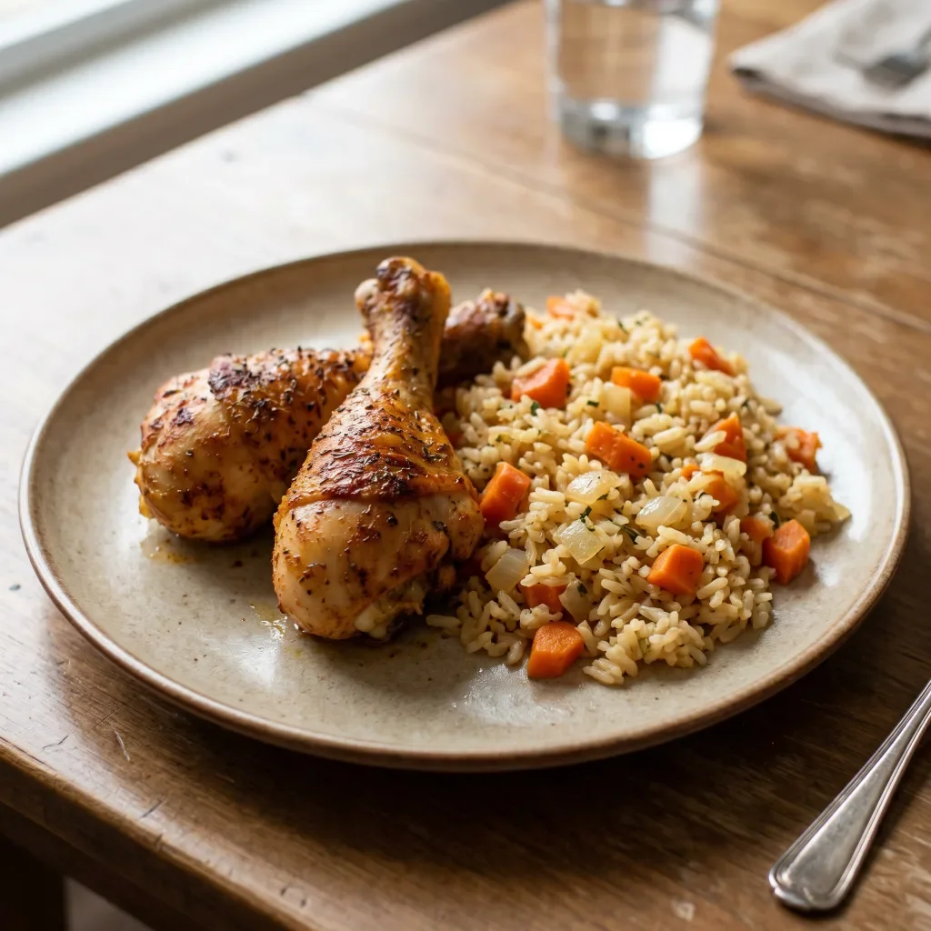 Paprika Chicken Drumsticks with Rice Pilaf and Carrots