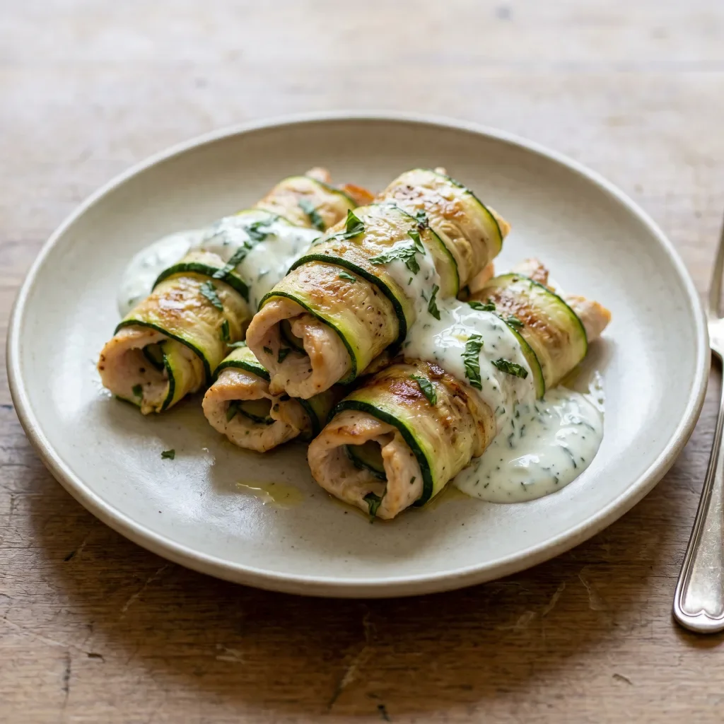 Chicken Zucchini Ribbon Rolls with Yogurt Herb Sauce