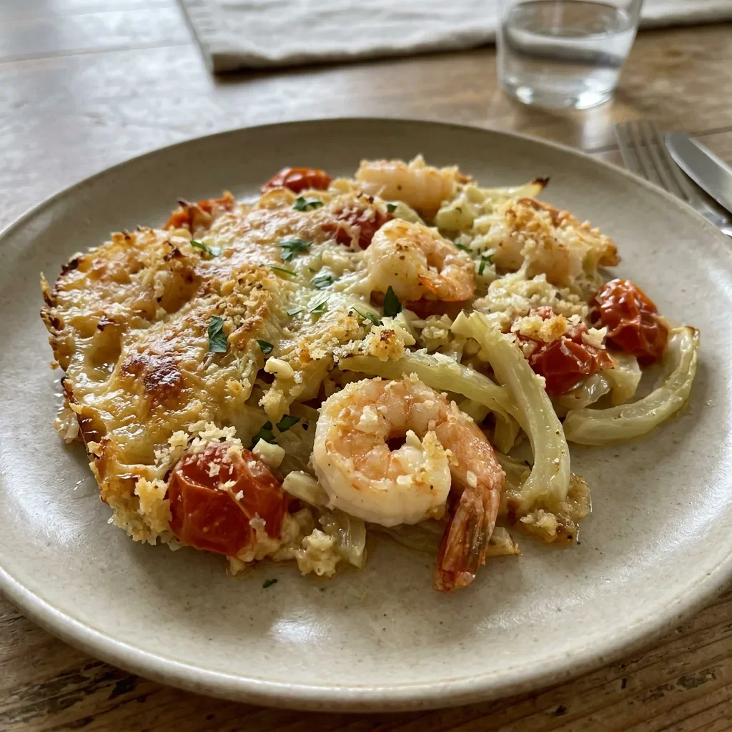 Shrimp Fennel Tomato Gratin