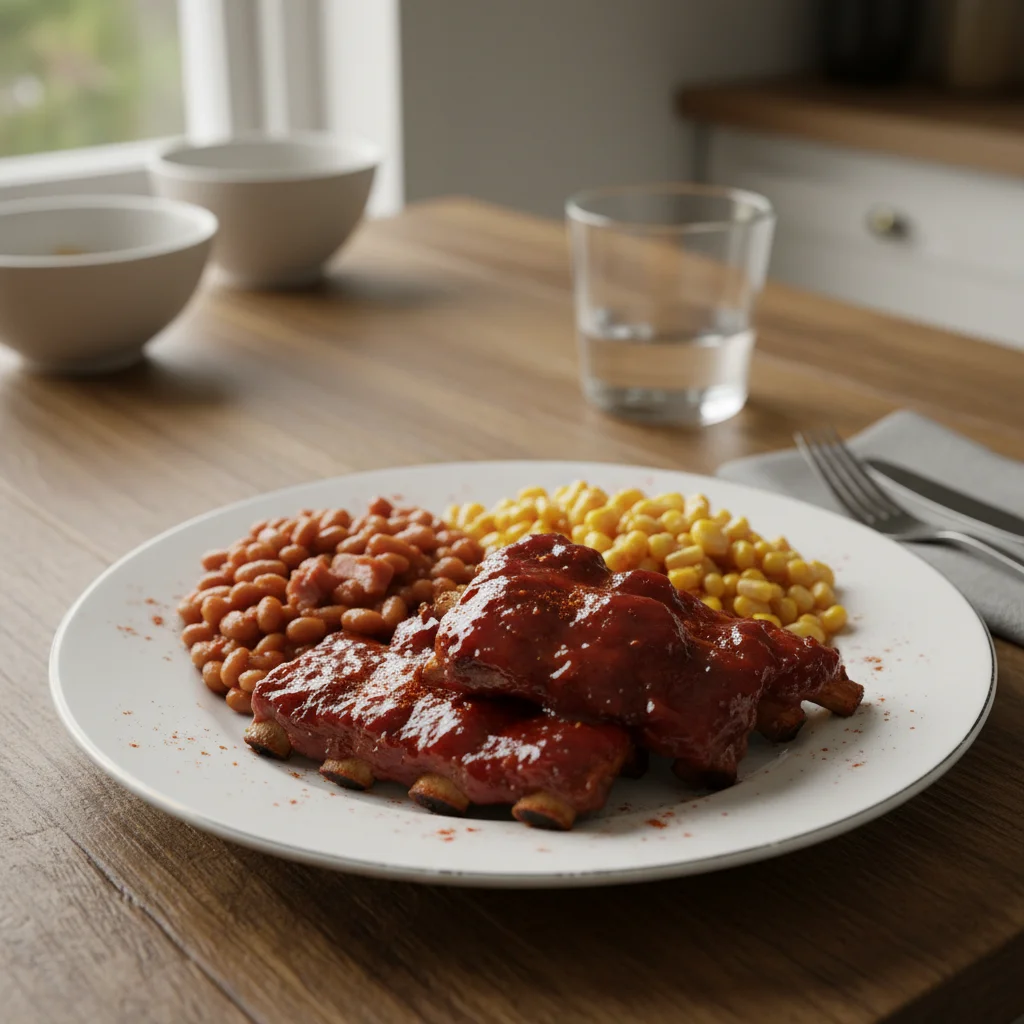 Pork Ribs with Baked Beans and Corn