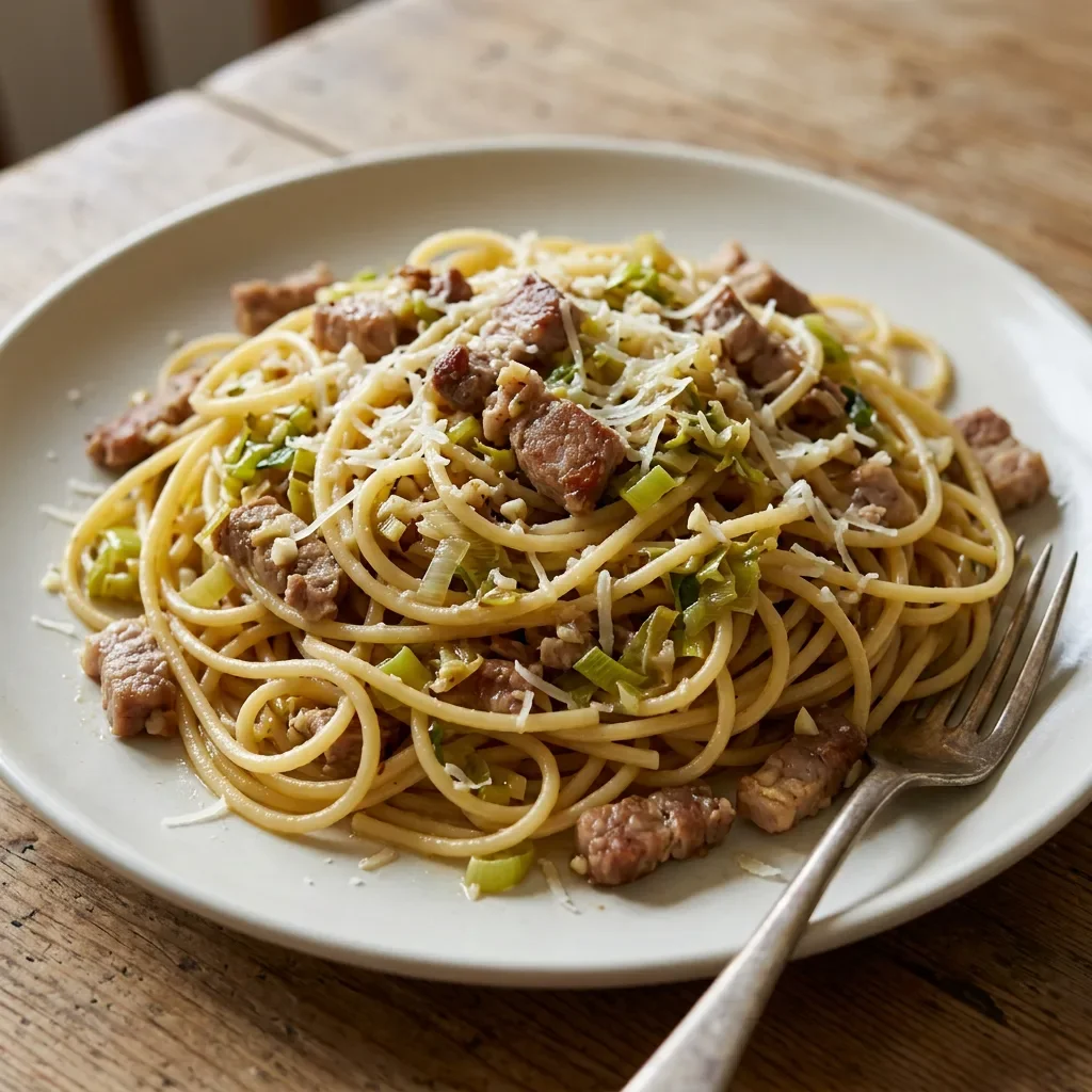 Pork Leek Spaghetti