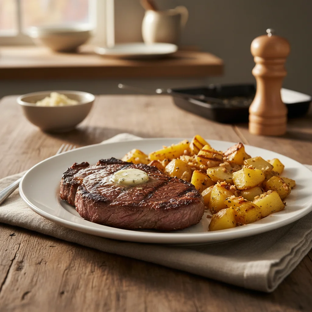 Grilled Beef Steak with Garlic Potatoes