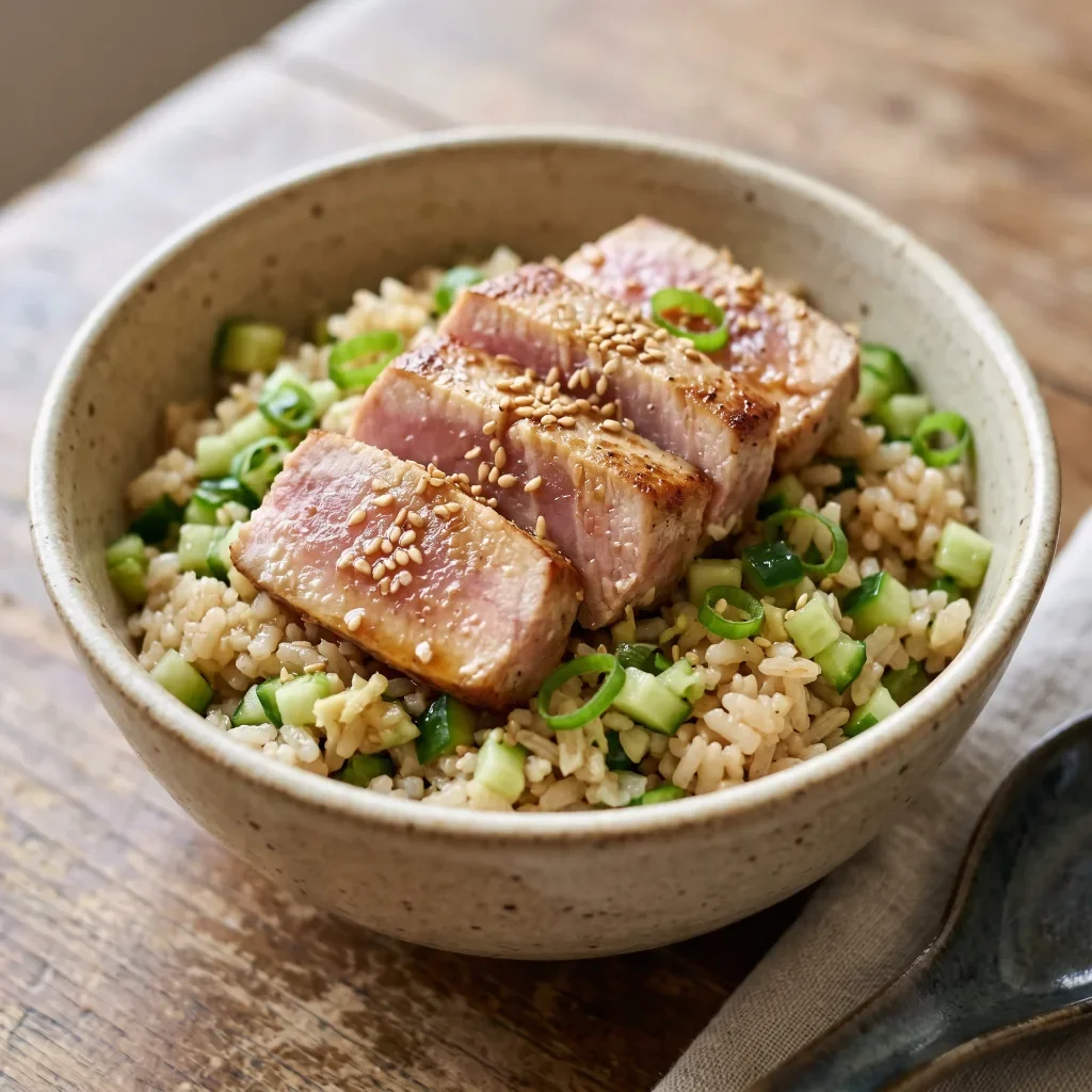 Seared Tuna Sesame Cucumber Rice Bowl