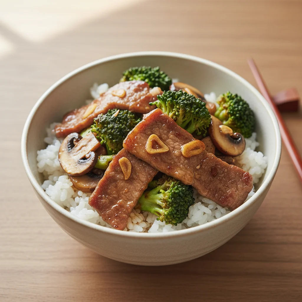 Beef Broccoli Mushroom Rice Bowl