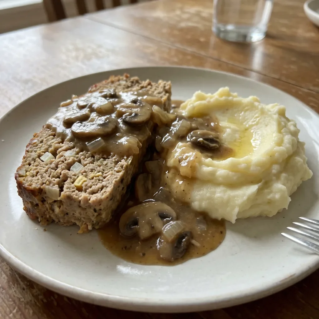 Turkey Meatloaf with Mushroom Gravy and Mashed Potatoes