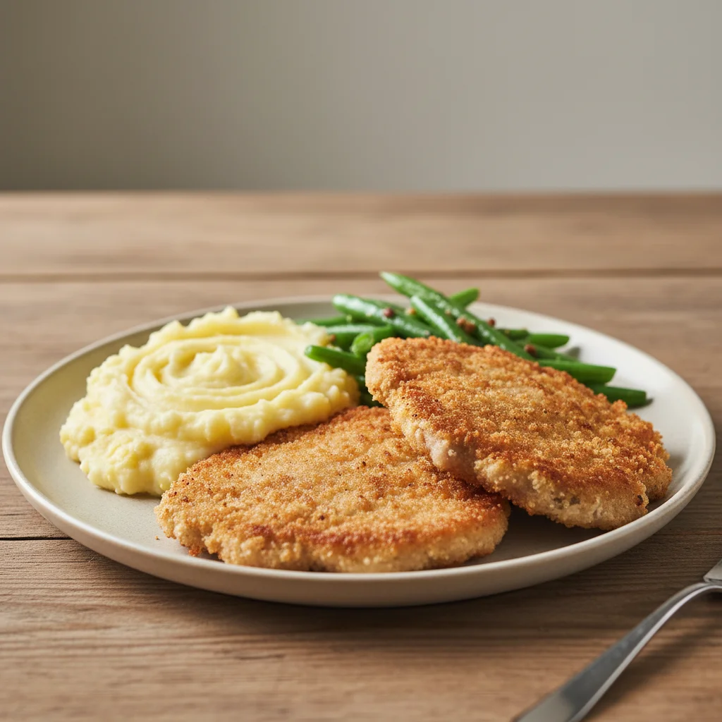 Pork Schnitzel with Potato Mash and Green Beans