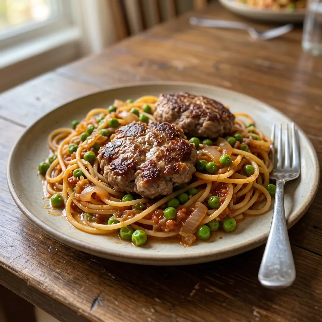 Beef Patty Spaghetti Skillet with Peas