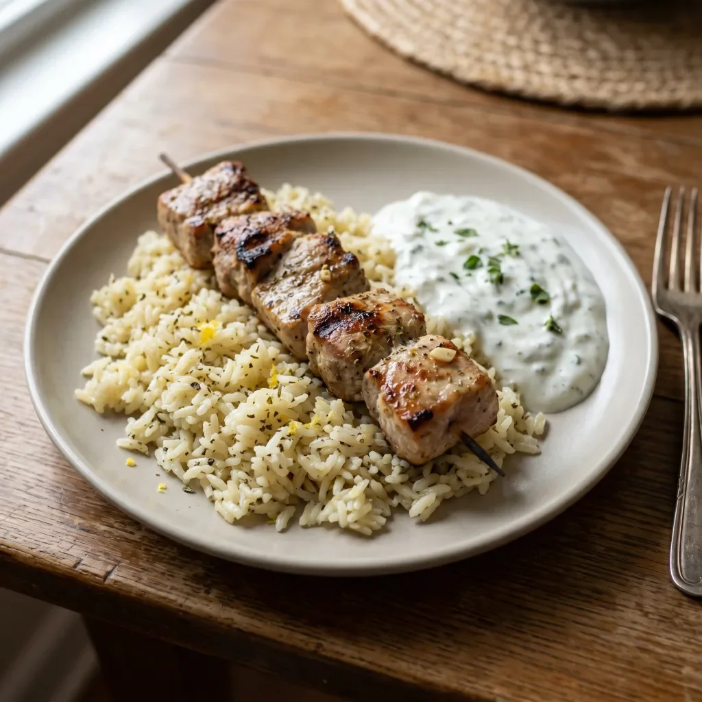 Pork Souvlaki with Lemon Rice