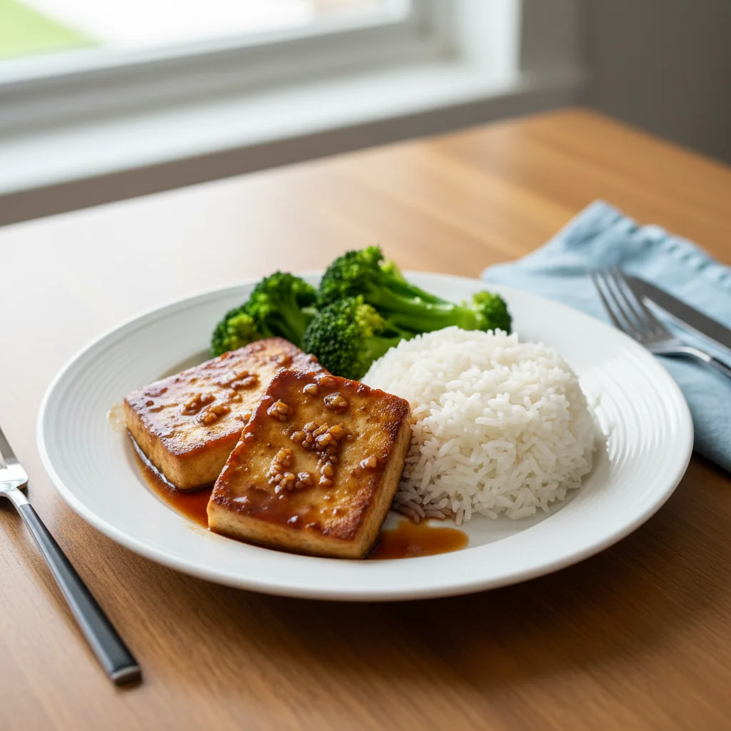 Tofu Steaks with Rice and Broccoli