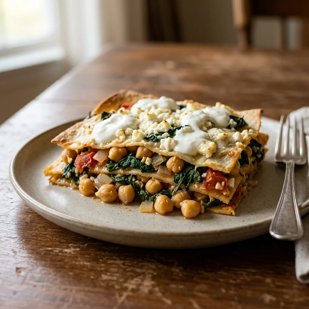 Chickpea Spinach Feta Tortilla Bake