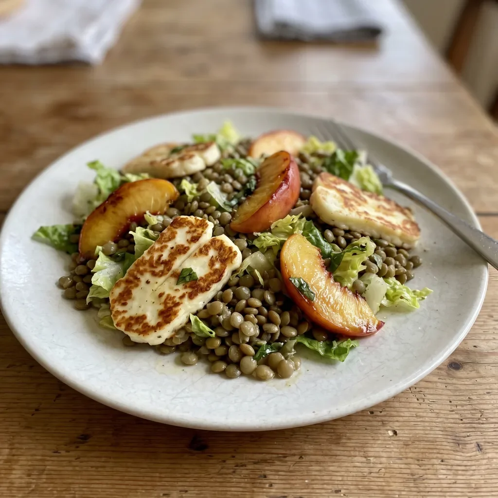 Seared Halloumi Nectarine Salad with Green Lentils