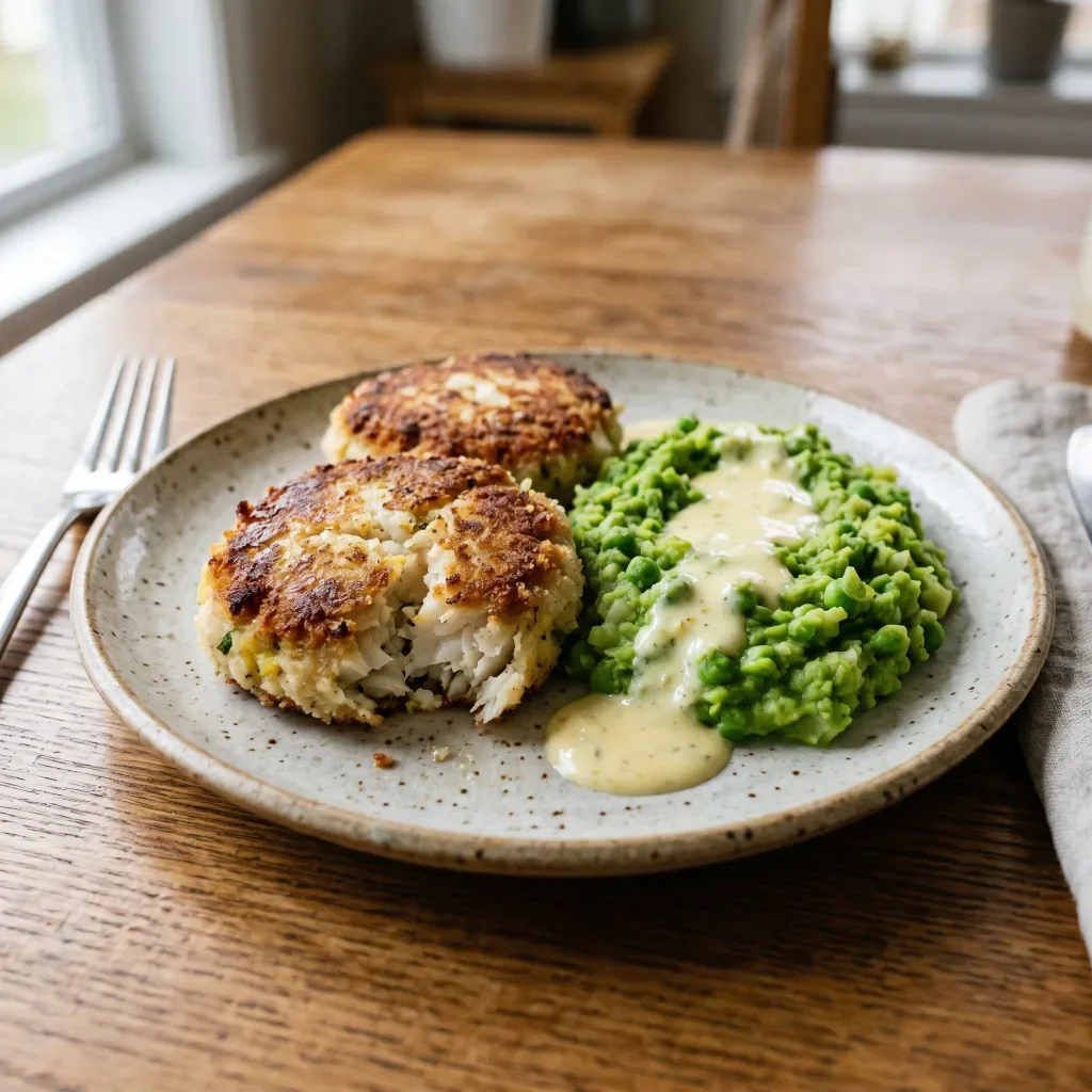 White Fish Cakes with Pea Mash and Lemon Yogurt