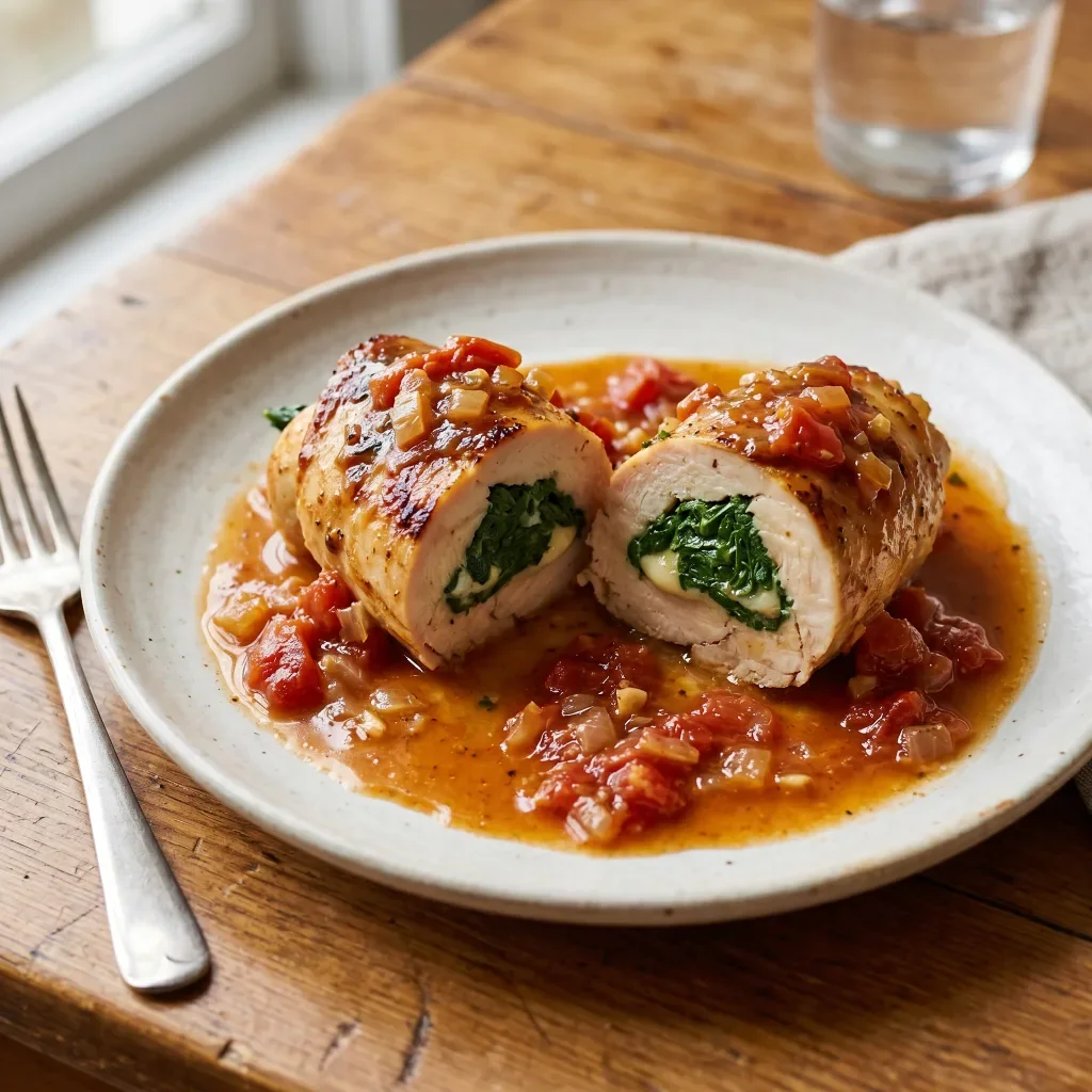 Chicken Spinach Mozzarella Roulades with Tomato Butter Sauce