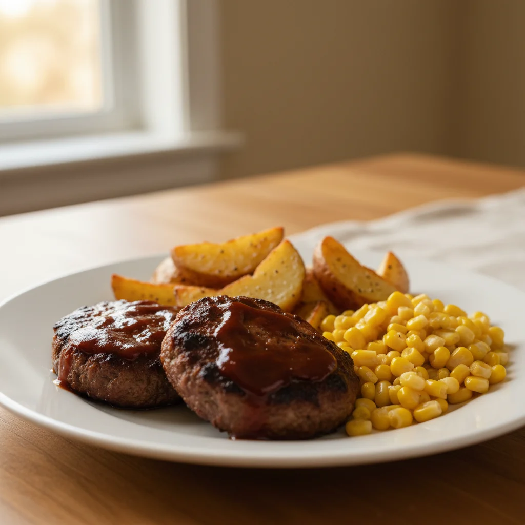 BBQ Beef Patties with Corn and Potatoes