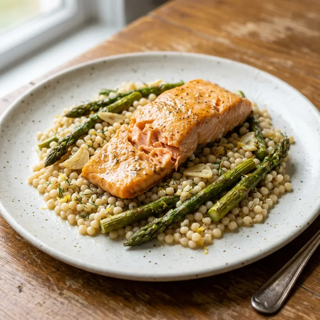 Salmon Asparagus Pearl Couscous Bake