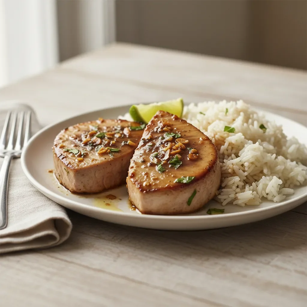Soy Garlic Grilled Tuna Steaks with Rice