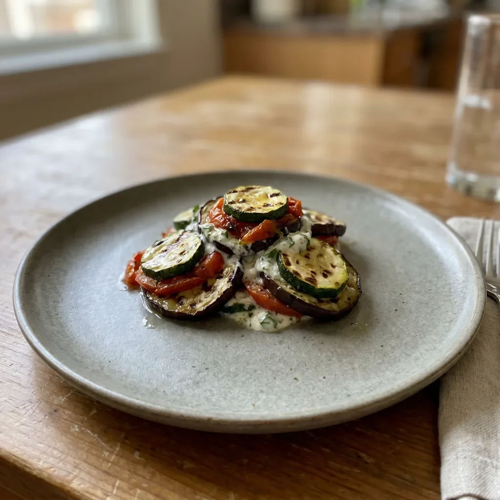 Grilled Ratatouille Zucchini Stacks with Basil Yogurt