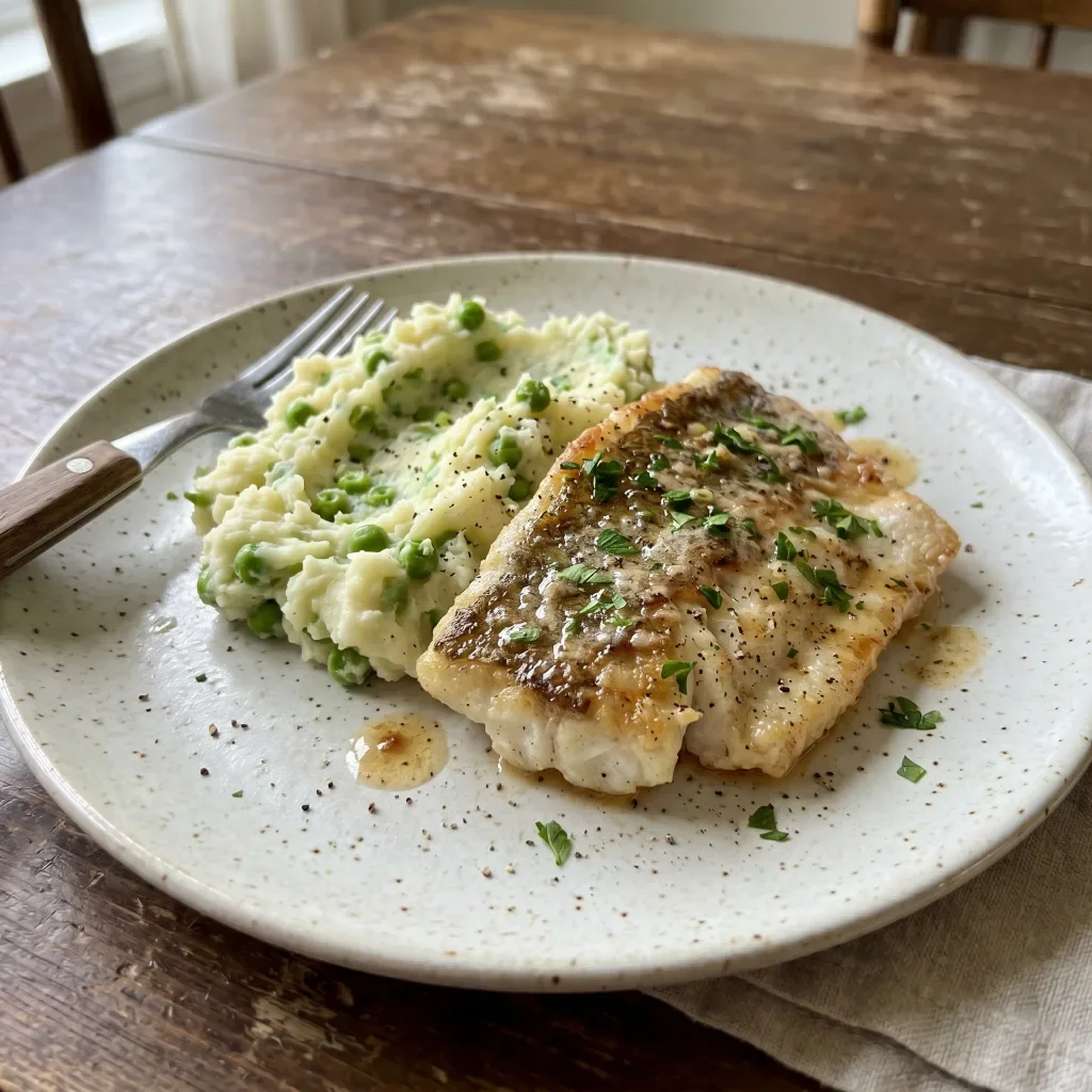 White Fish Meuniere with Pea Mashed Potatoes