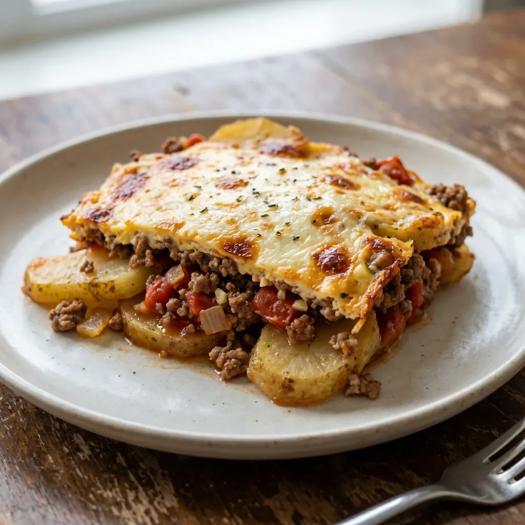 Layered Beef Potato Tomato Bake