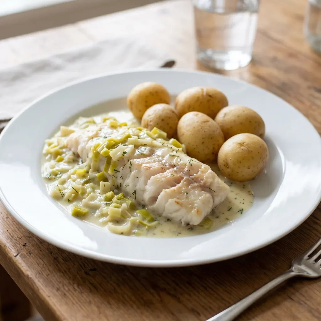 White Fish with Creamed Leeks and Boiled Potatoes