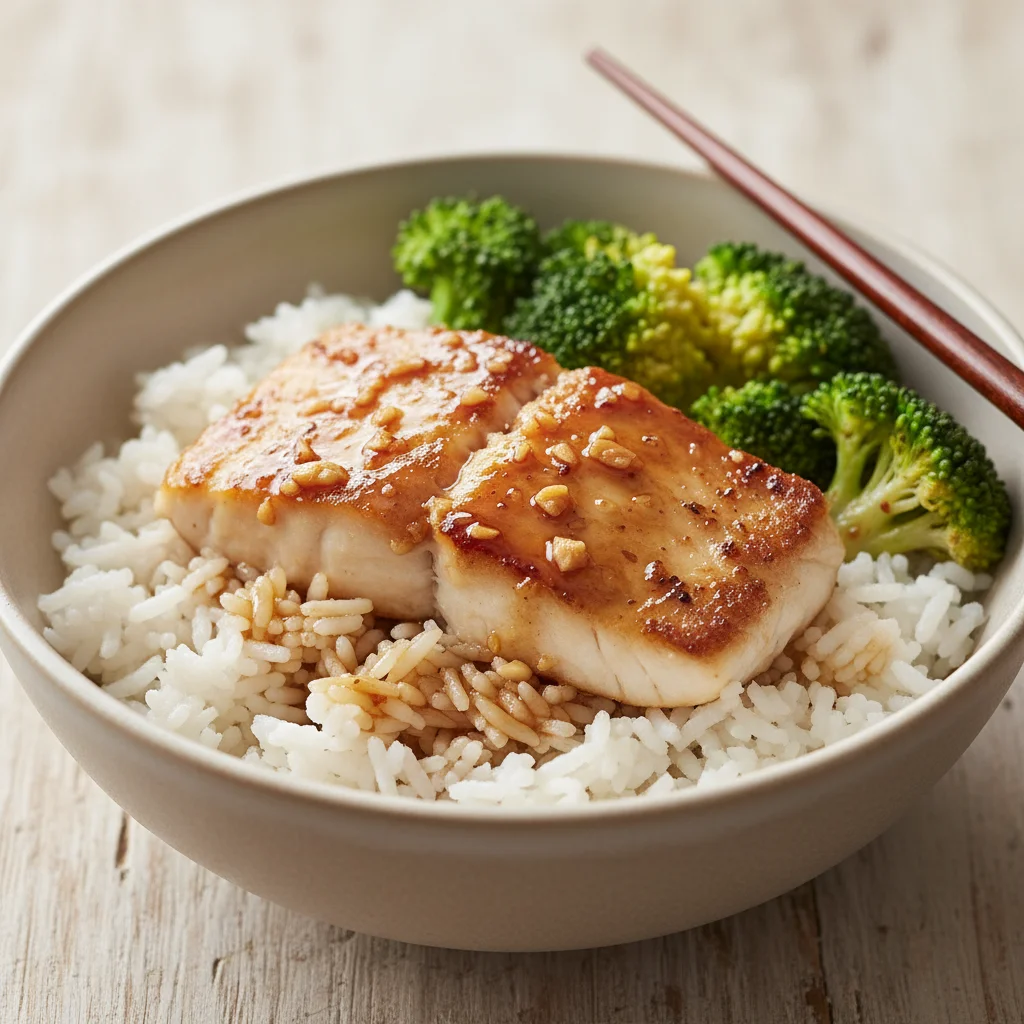 Soy Honey White Fish Rice Bowl with Broccoli