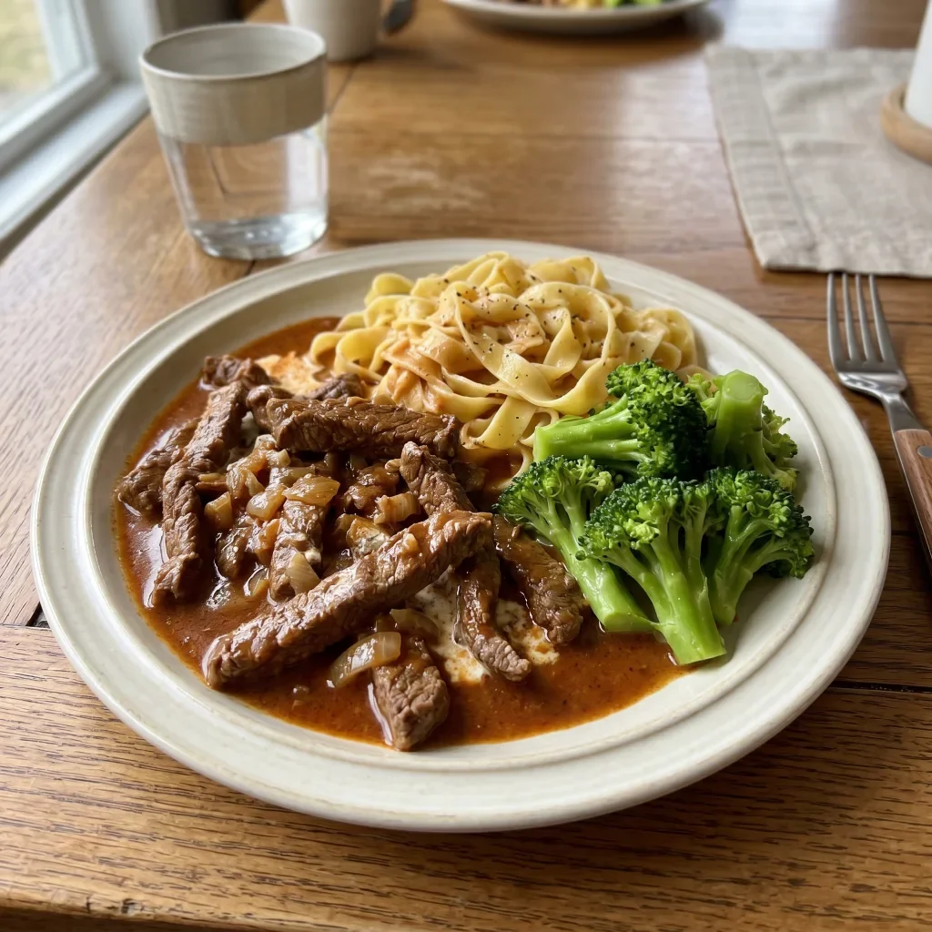 Beef Paprika Strips with Buttered Pasta and Broccoli