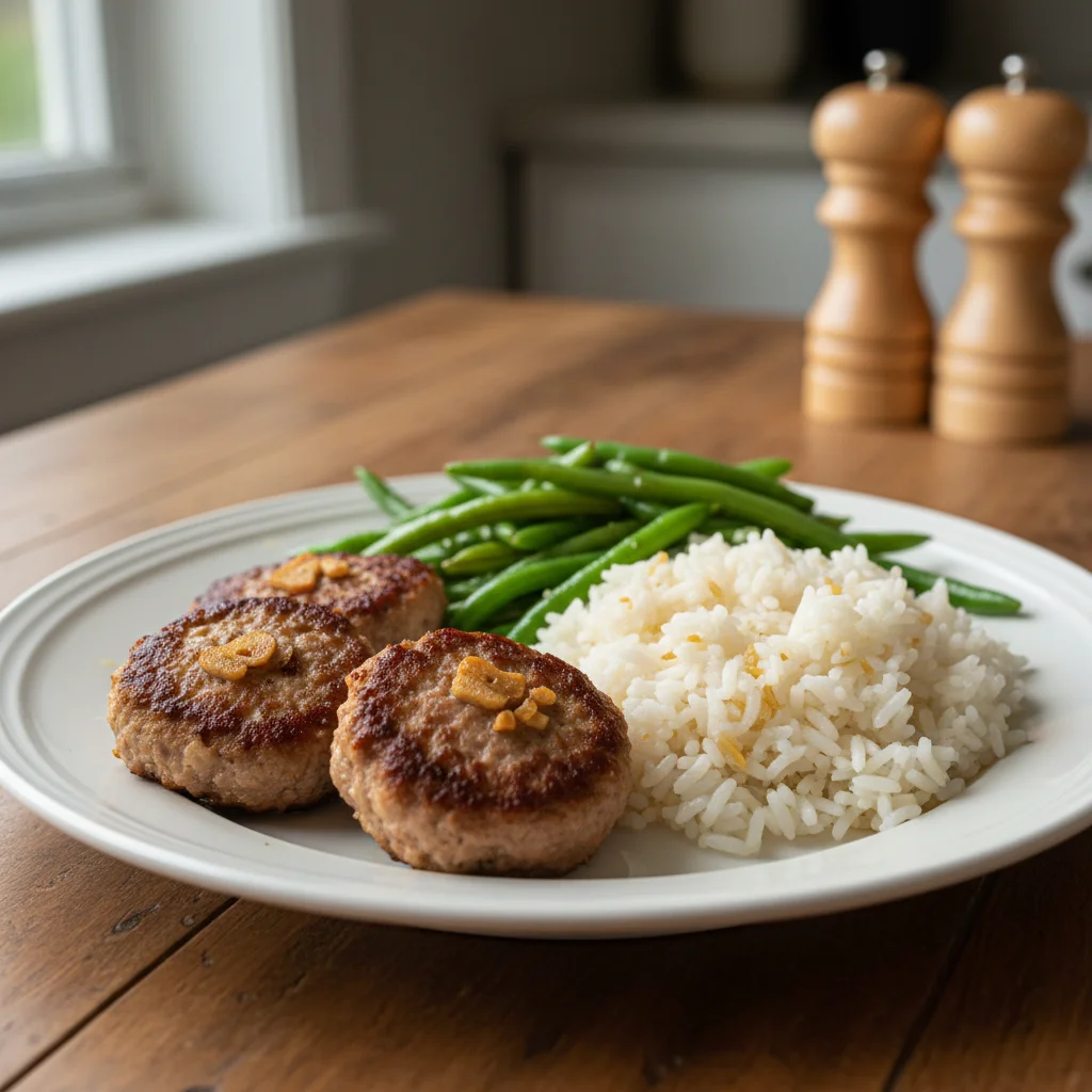 Ground Turkey Patties with Rice and Green Beans