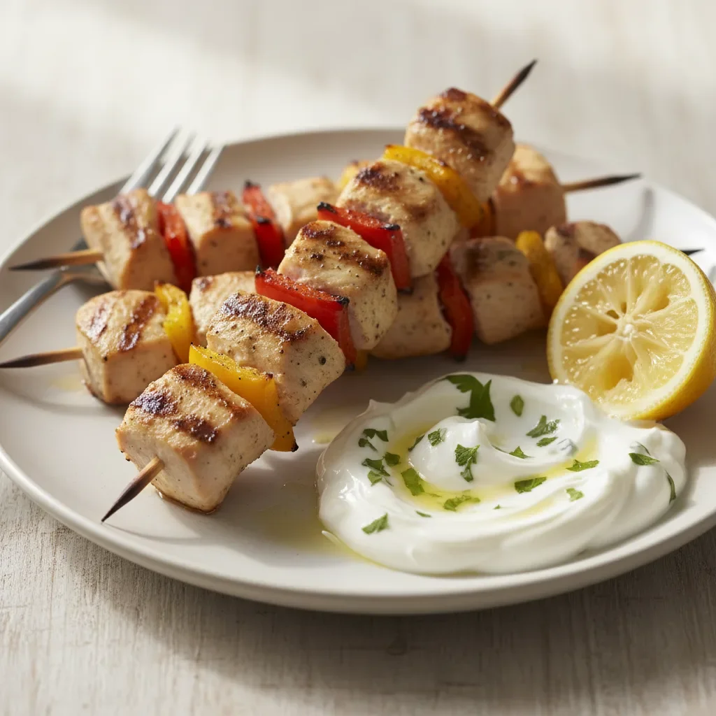 Grilled Chicken Pepper Skewers with Yogurt Dip