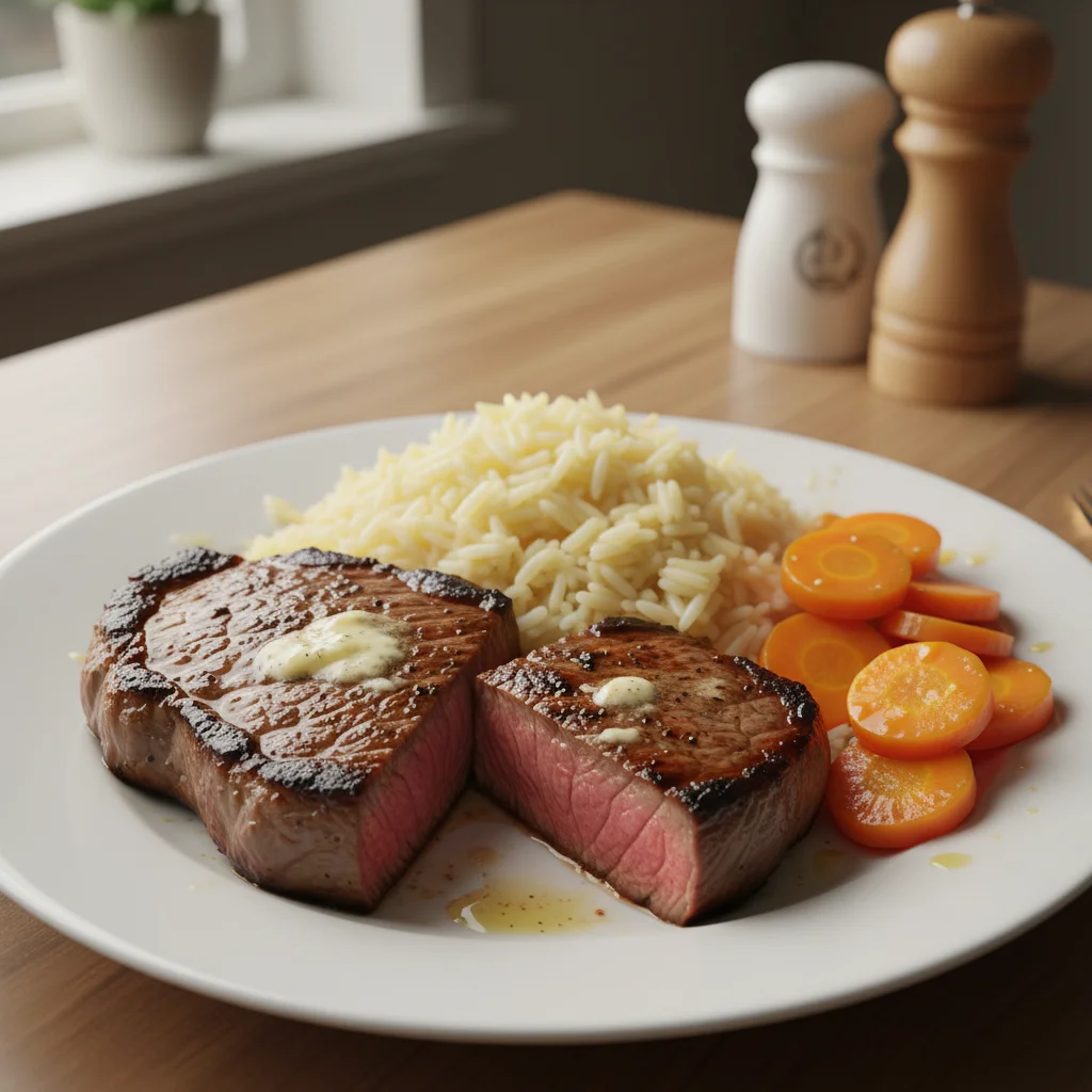Beef Steak with Buttered Rice and Carrots