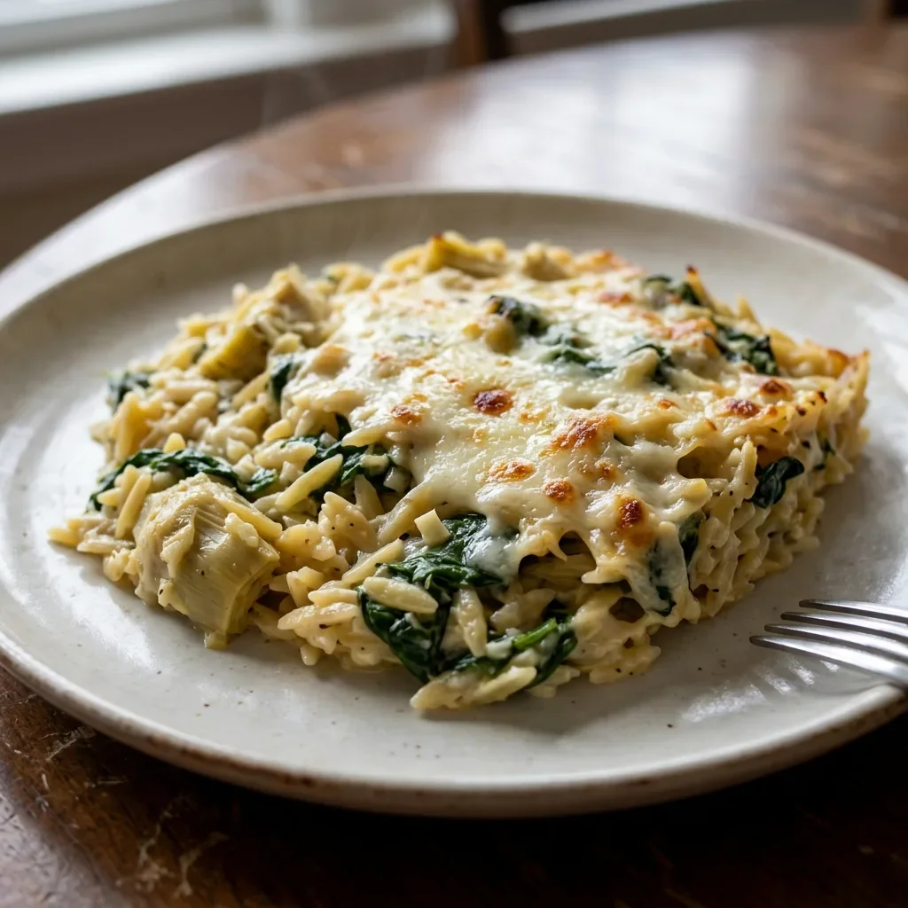 Artichoke Spinach Orzo Bake
