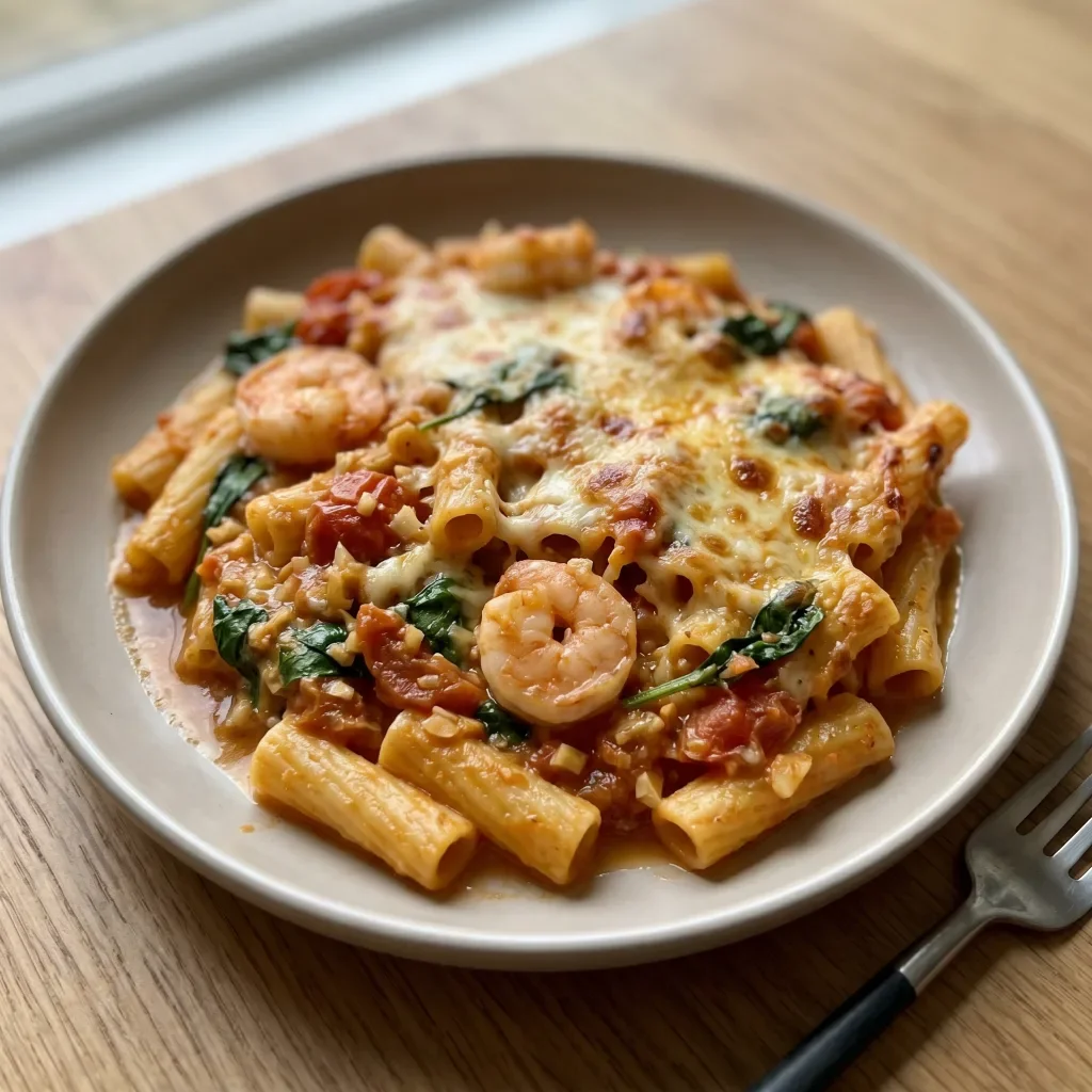 Tomato Butter Shrimp Pasta Gratin