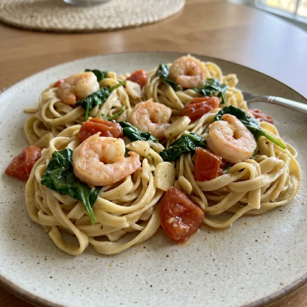 Shrimp Spinach Egg Noodle Nests