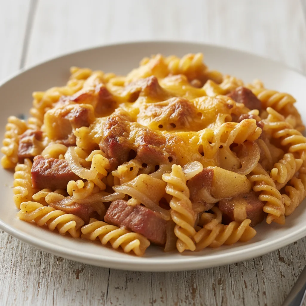 Pork Apple Onion Pasta Bake