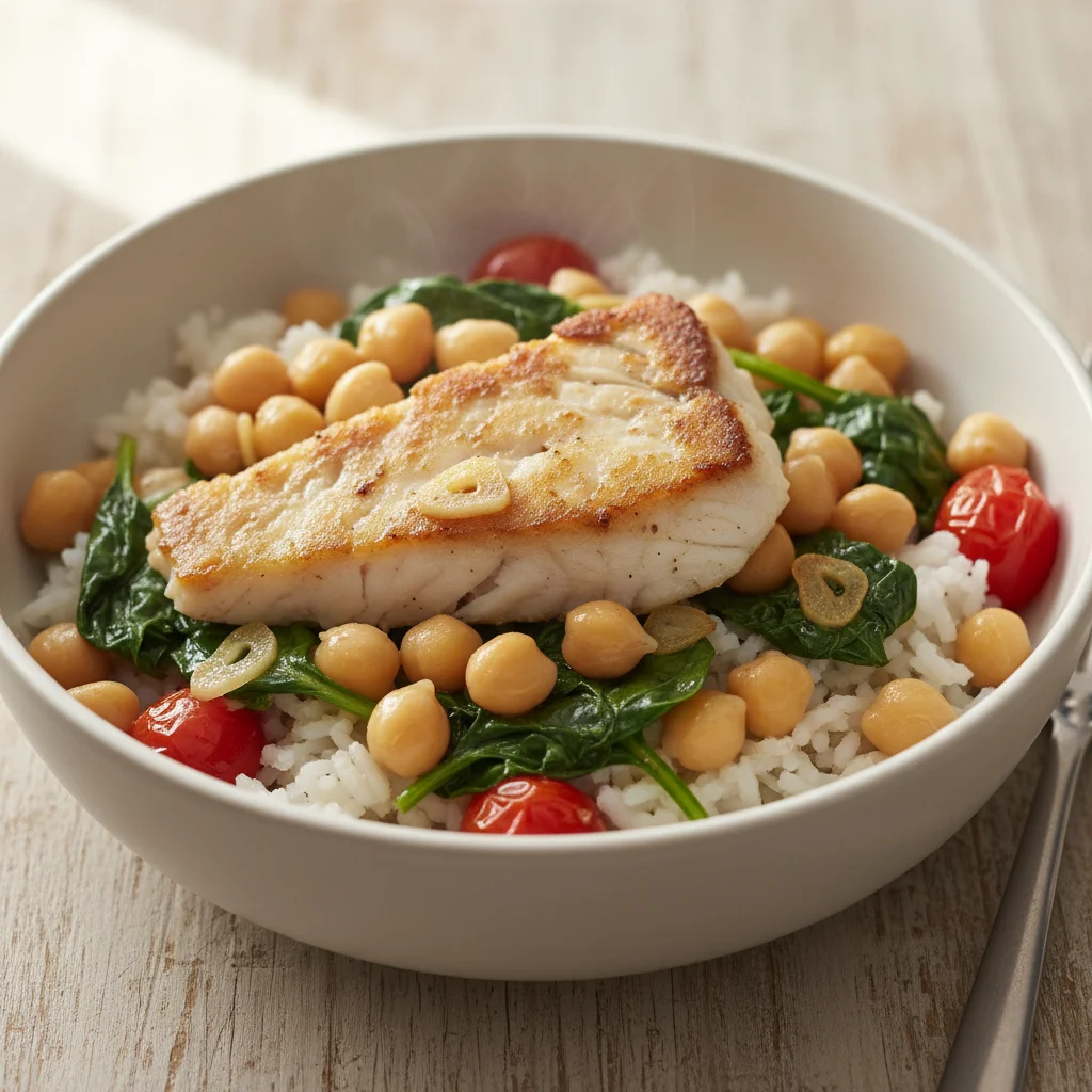 White Fish Chickpea Spinach Bowl