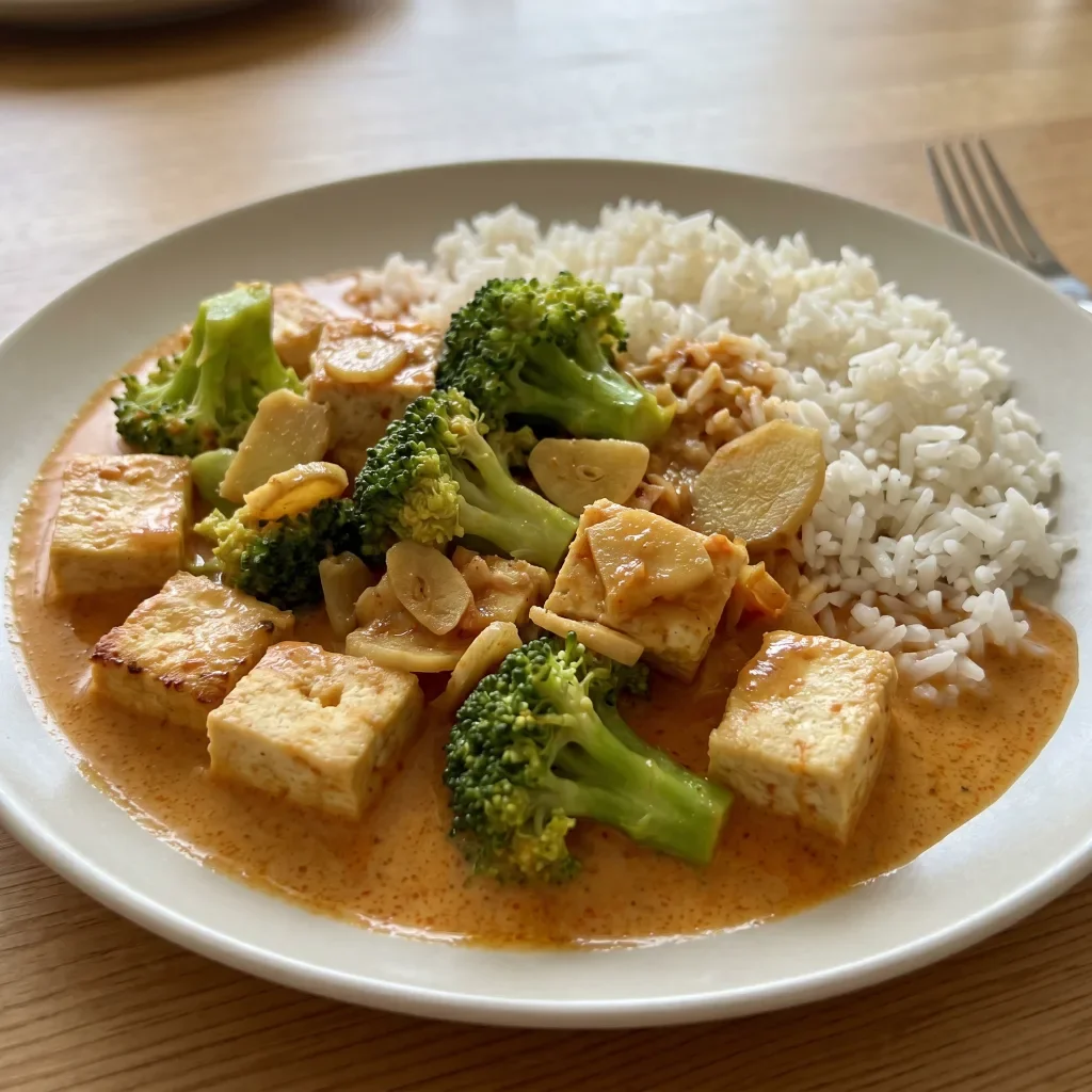 Coconut Tofu Curry with Jasmine Rice and Broccoli