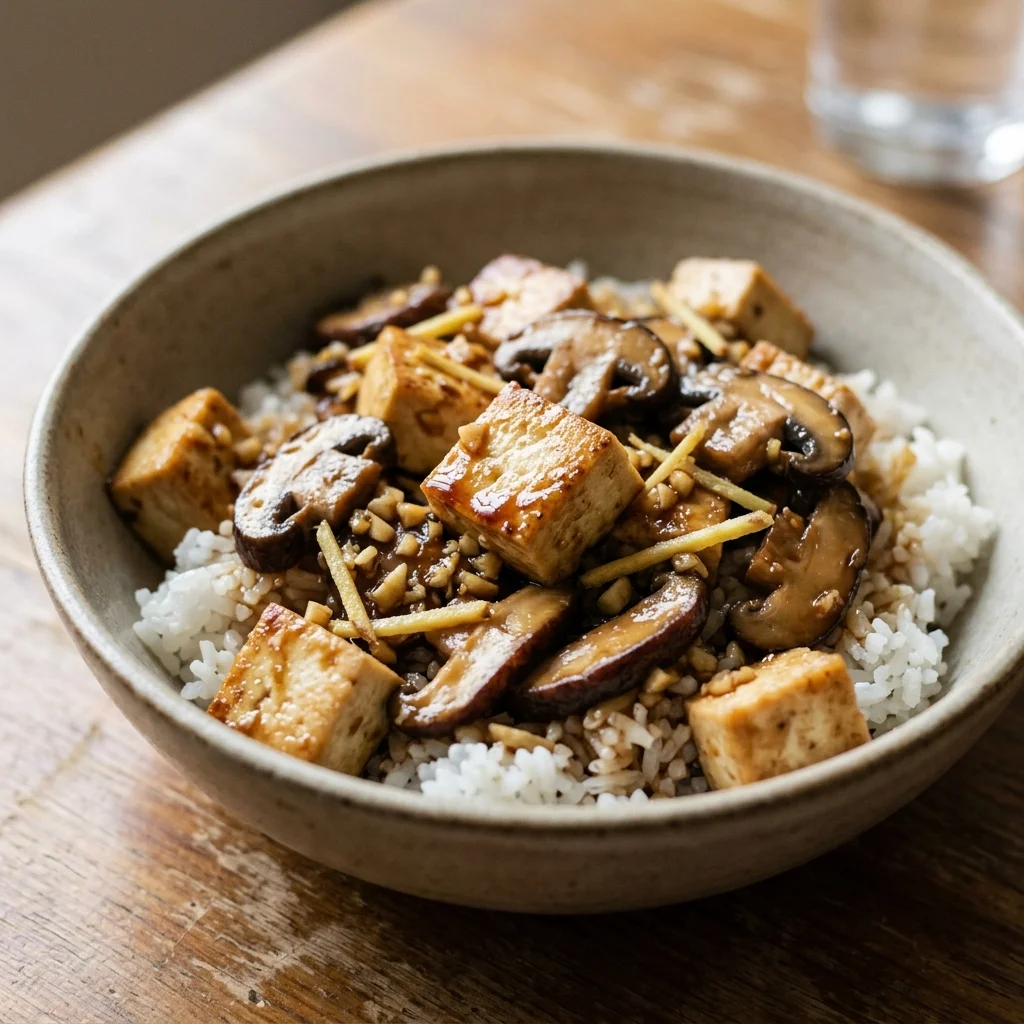 Teriyaki Mushroom Tofu Rice Bowl