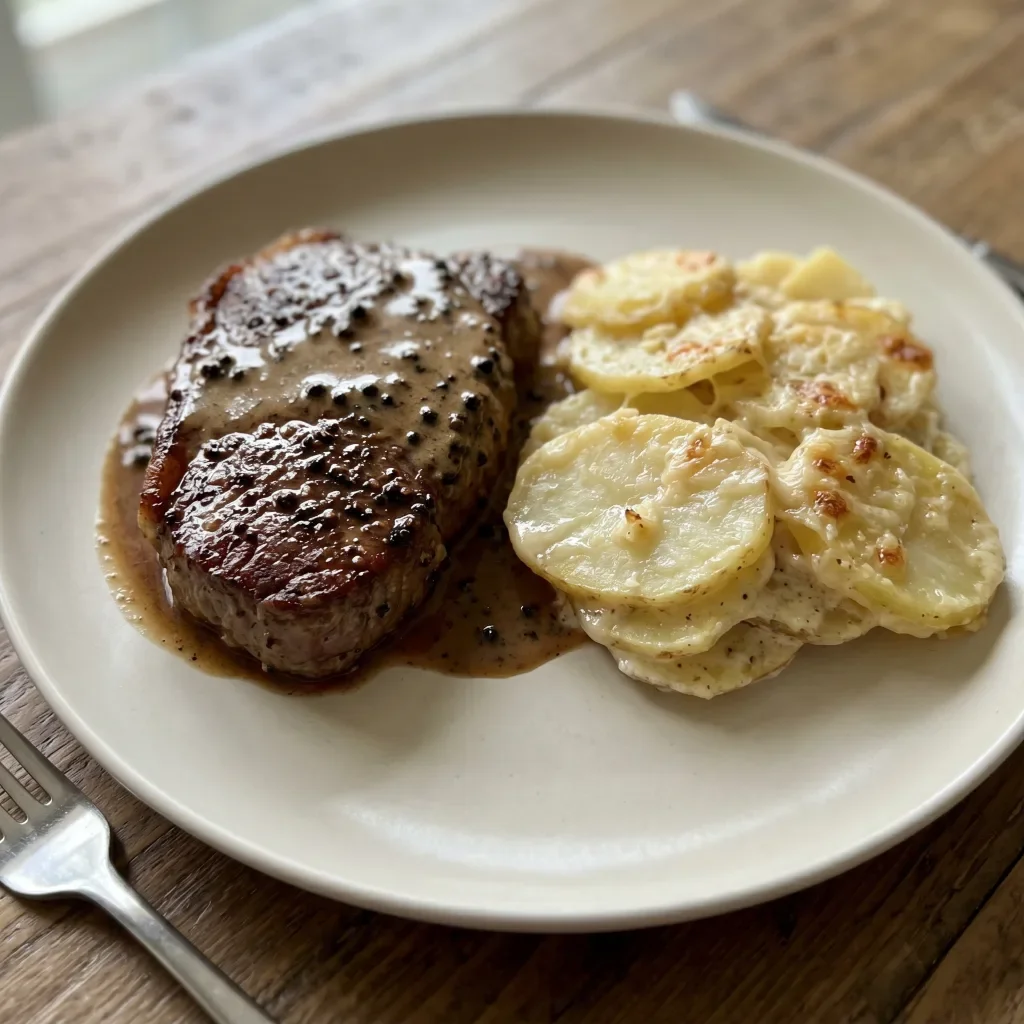 Beef Peppercorn Steak with Potato Gratin