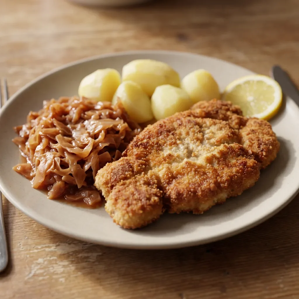 Pork Schnitzel with Braised Cabbage and Boiled Potatoes