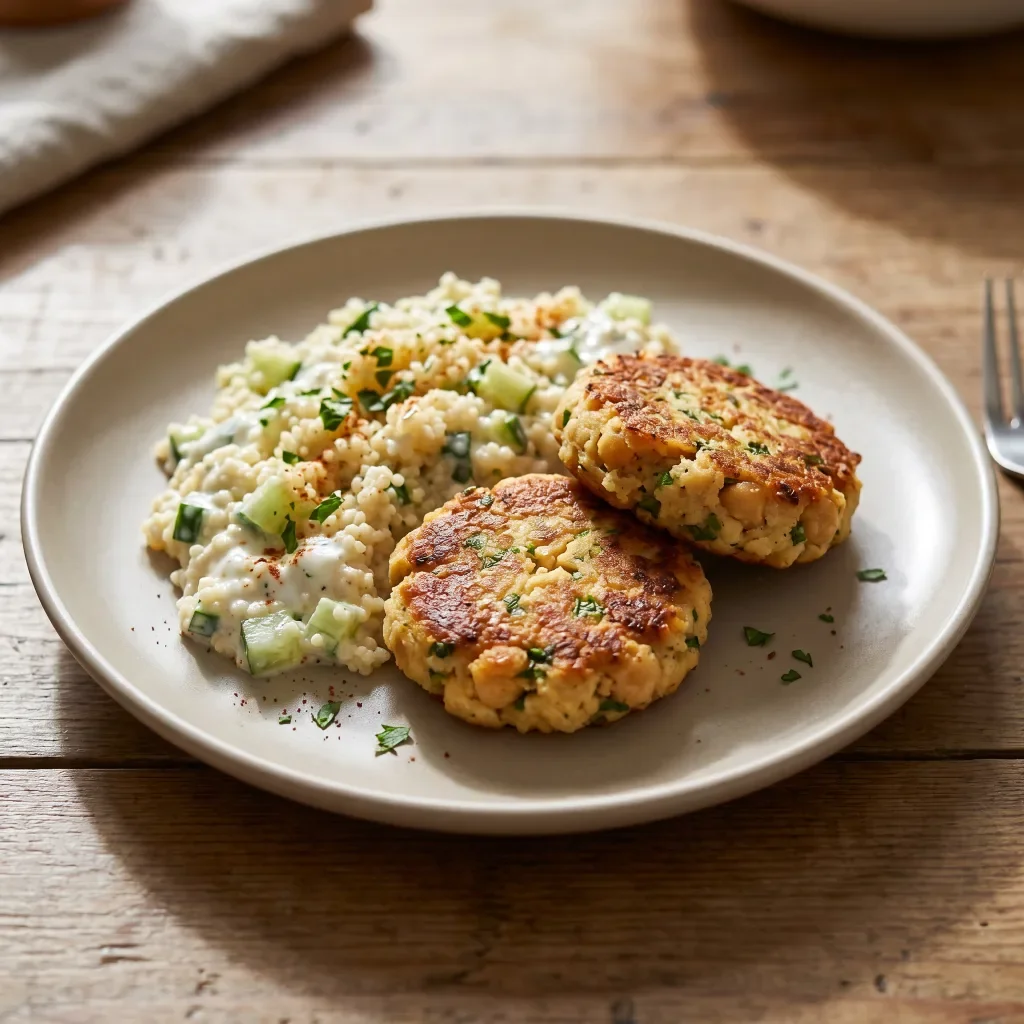 Chickpea Patties with Cucumber Yogurt Couscous