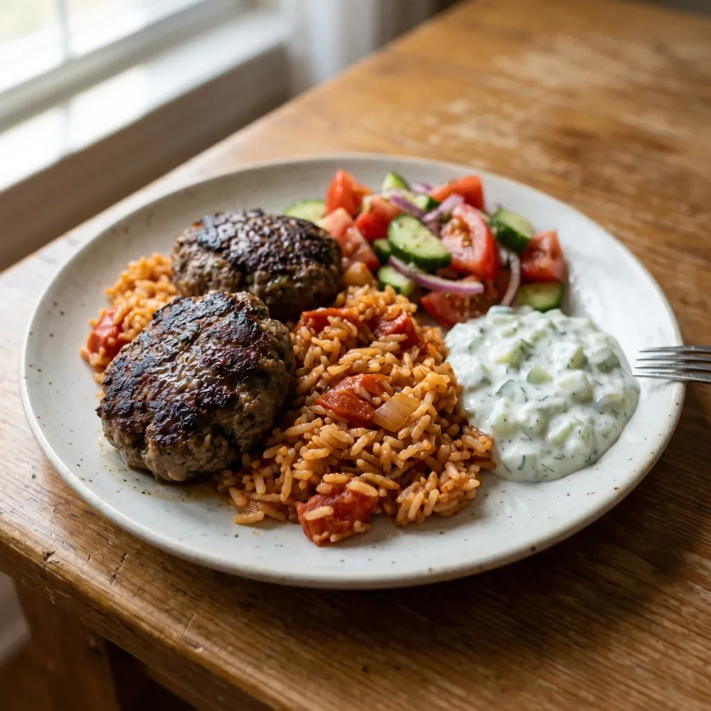 Beef Kofta Plate with Tomato Rice and Yogurt Cucumber